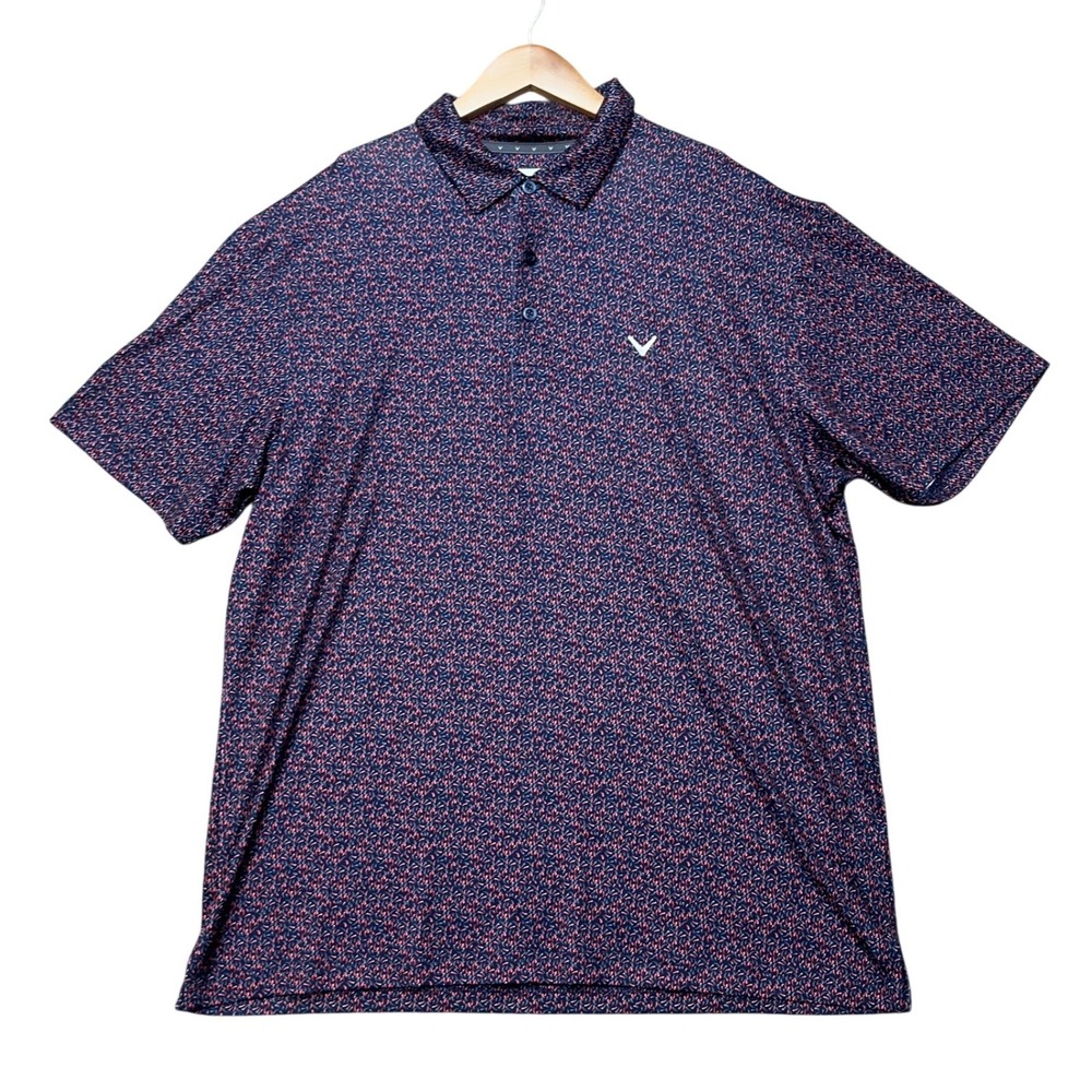 Callaway Opti Dri Mens Large Navy Red Micro Print Stretch Golf Polo CGKSF0L9